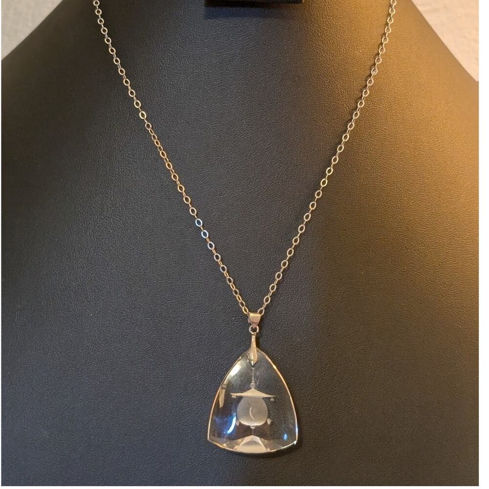 1930s Art Deco Reverse Carved Round Pagoda Rock Crystal Pendant 18" Necklace